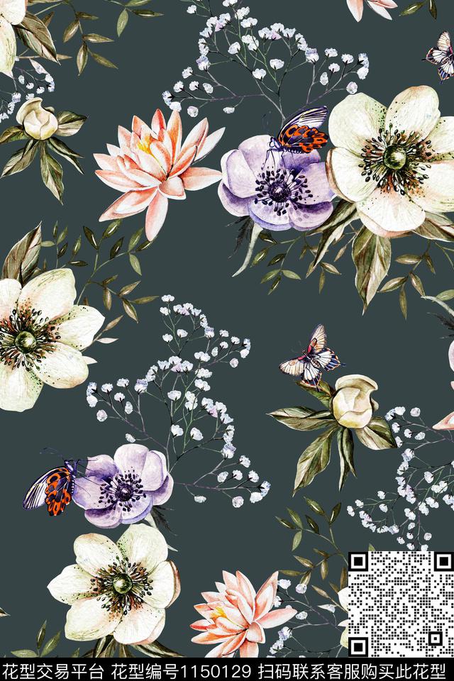 风格化花卉水彩花卉蝴蝶数码印花华亿平台下载（图片编号: 1150129） - 瓦栏（Walan）