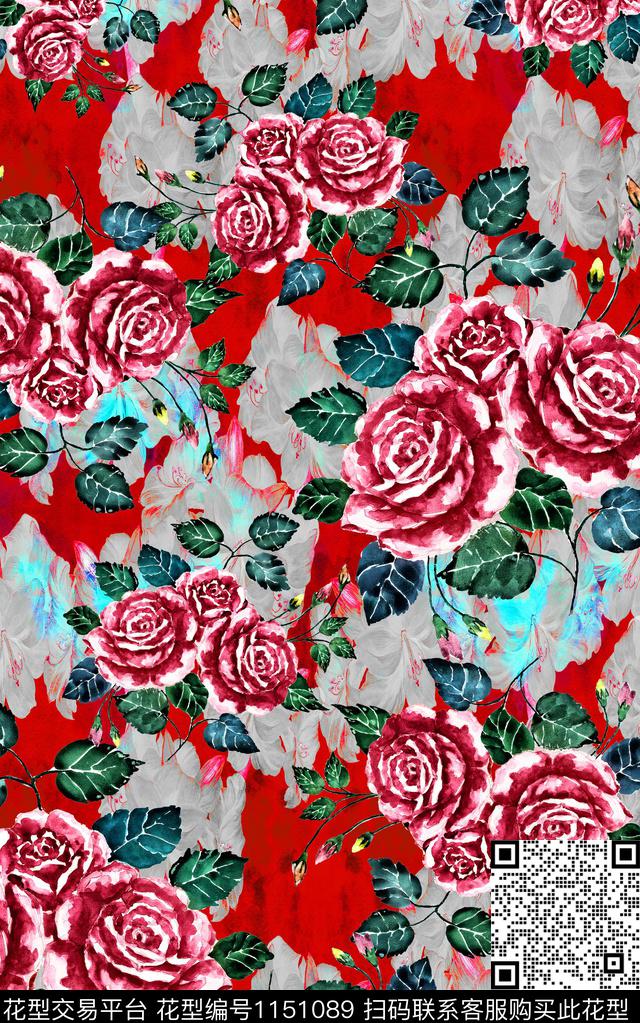 肌理大花花卉数码印花华亿平台下载（图片编号: 1151089） - 瓦栏（Walan）