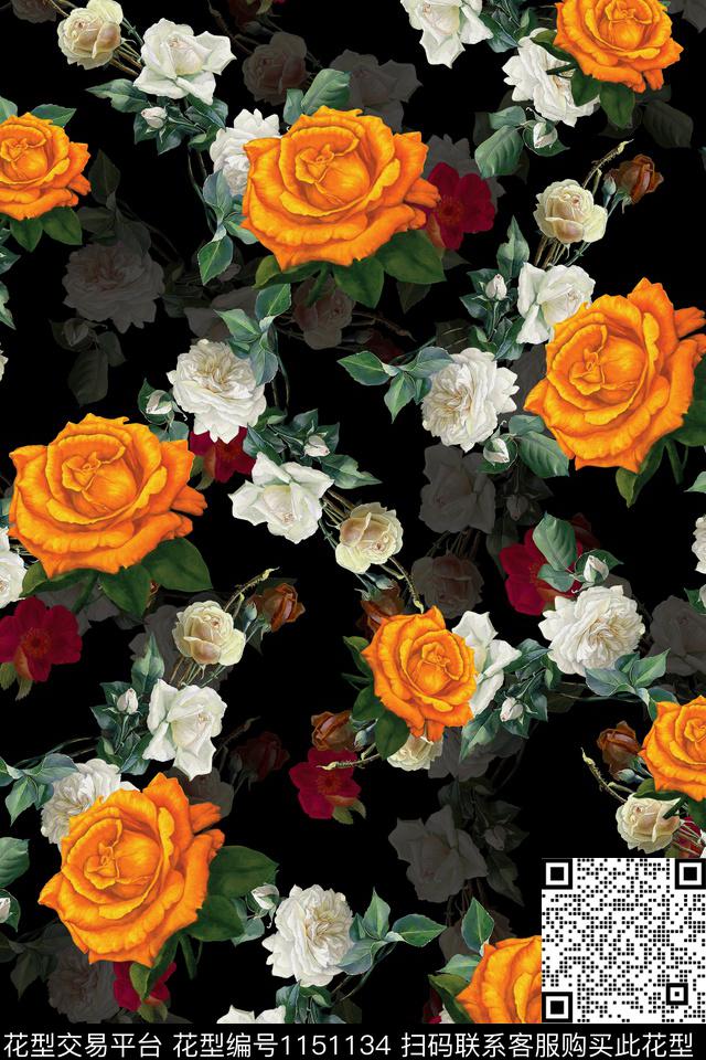 手绘大花香云纱旗袍数码印花华亿平台下载（图片编号: 1151134） - 瓦栏（Walan）