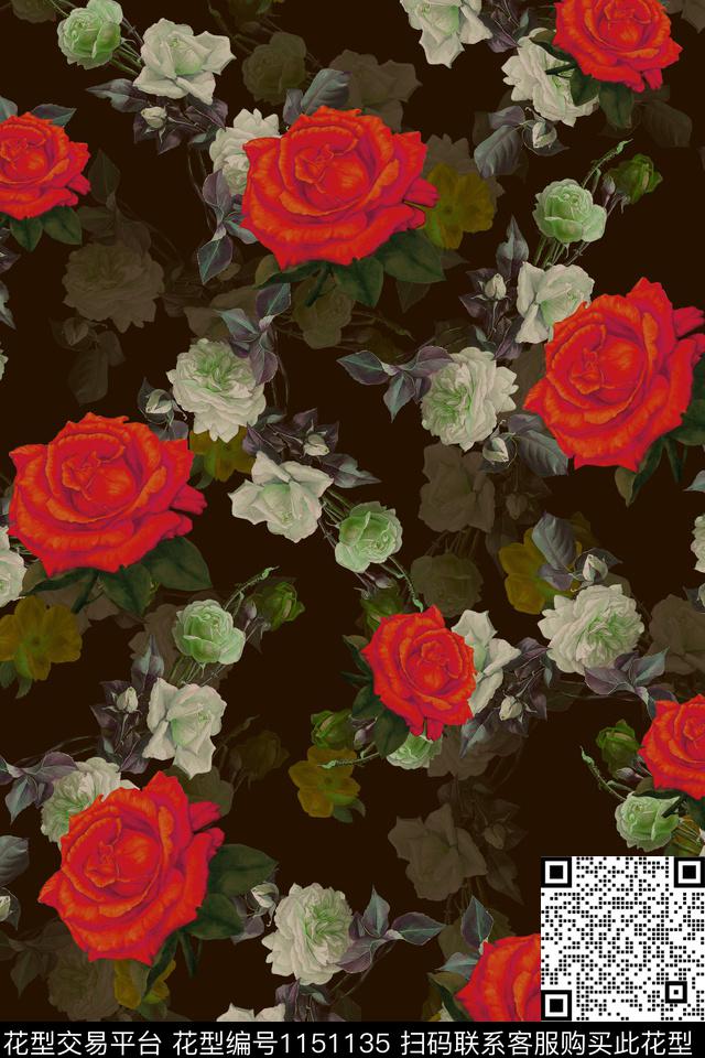 手绘大花香云纱旗袍数码印花华亿平台下载（图片编号: 1151135） - 瓦栏（Walan）