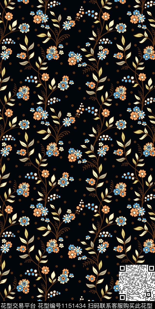 黑底花卉抽象数码华亿平台数码印花华亿平台下载（图片编号: 1151434） - 瓦栏（Walan）