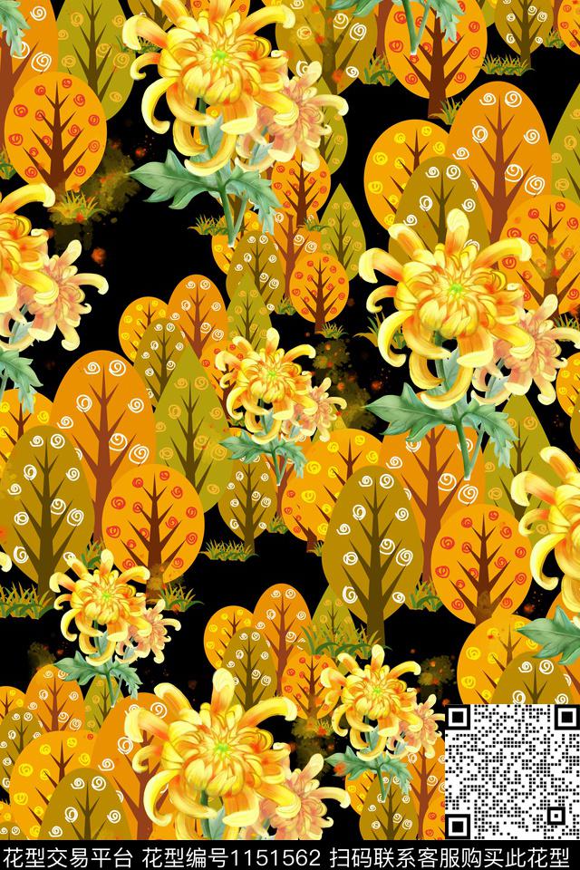 菊花绿植树叶大牌风数码印花华亿平台下载（图片编号: 1151562） - 瓦栏（Walan）