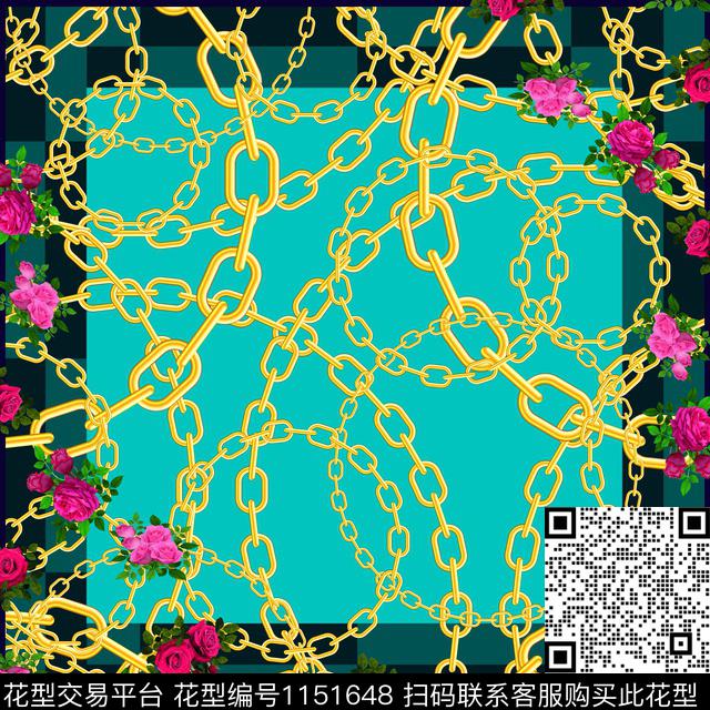 方巾手绘玫瑰链条数码印花华亿平台下载（图片编号: 1151648） - 瓦栏（Walan）