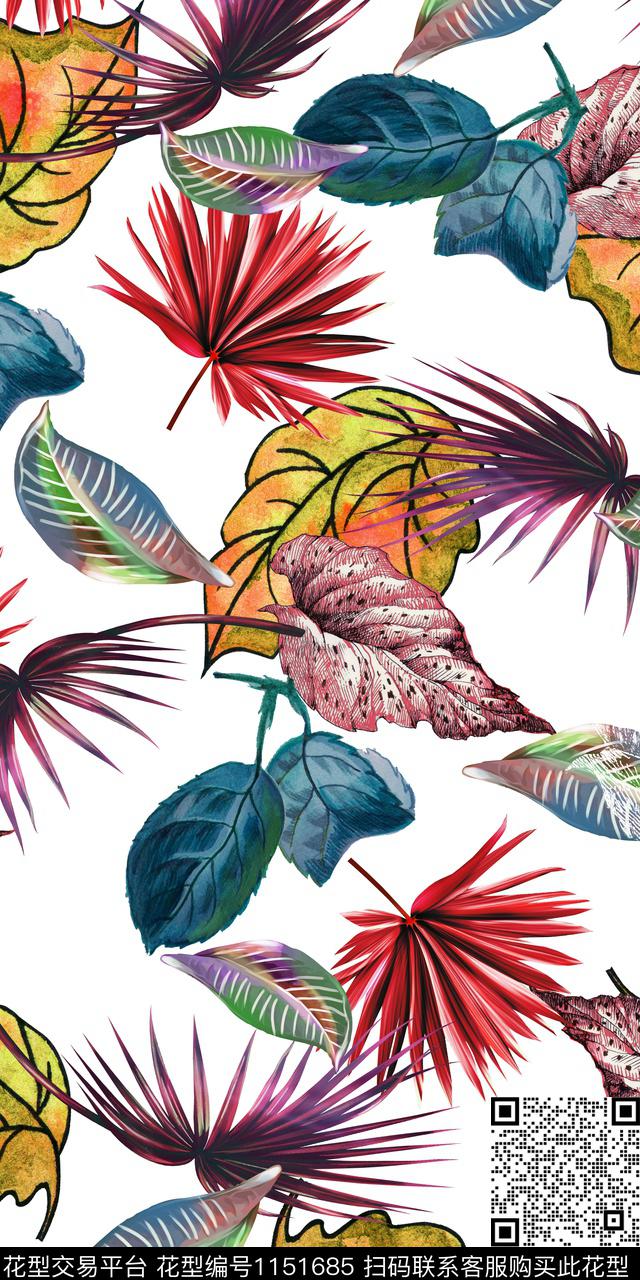 手绘绿植树叶热带华亿平台数码印花华亿平台下载（图片编号: 1151685） - 瓦栏（Walan）