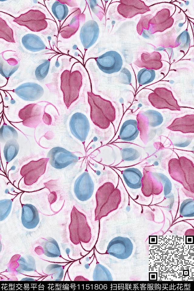 风格化花卉手绘棉麻数码印花华亿平台下载（图片编号: 1151806） - 瓦栏（Walan）