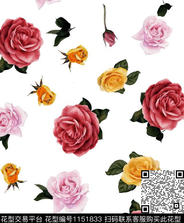 水彩花卉春夏华亿平台手绘大花传统印花华亿平台下载（图片编号: 1151833） - 瓦栏（Walan）