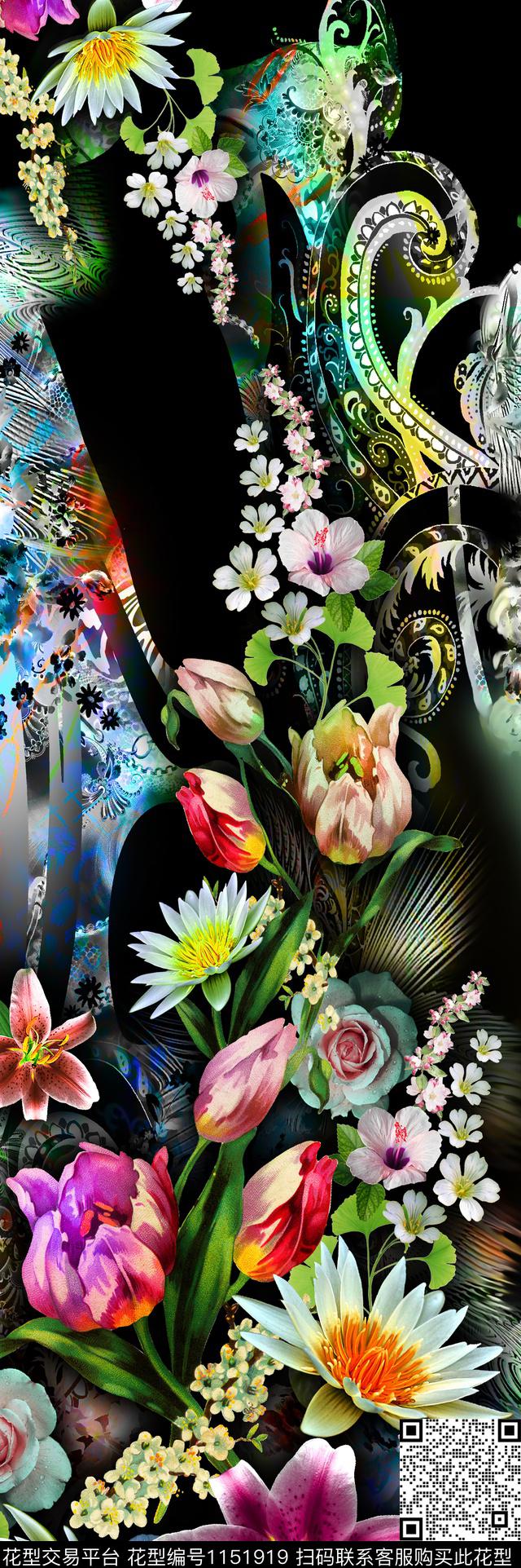 朦胧花卉抽象定位花数码印花华亿平台下载（图片编号: 1151919） - 瓦栏（Walan）