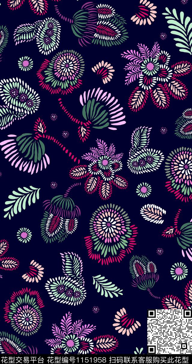 风格化花卉波点绣花华亿平台数码印花华亿平台下载（图片编号: 1151958） - 瓦栏（Walan）