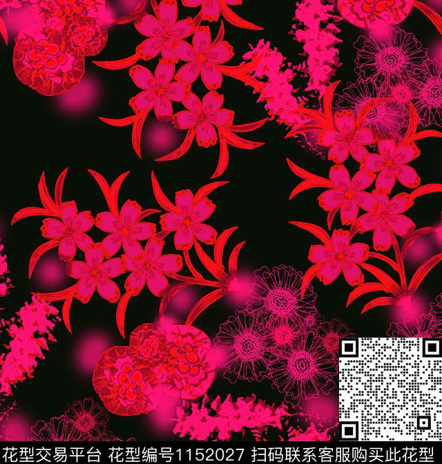 线条画抽象花卉数码印花华亿平台下载（图片编号: 1152027） - 瓦栏（Walan）