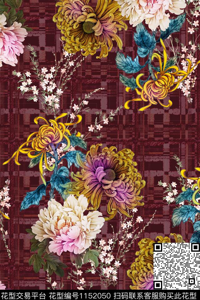 满版散花菊花牡丹数码印花华亿平台下载（图片编号: 1152050） - 瓦栏（Walan）