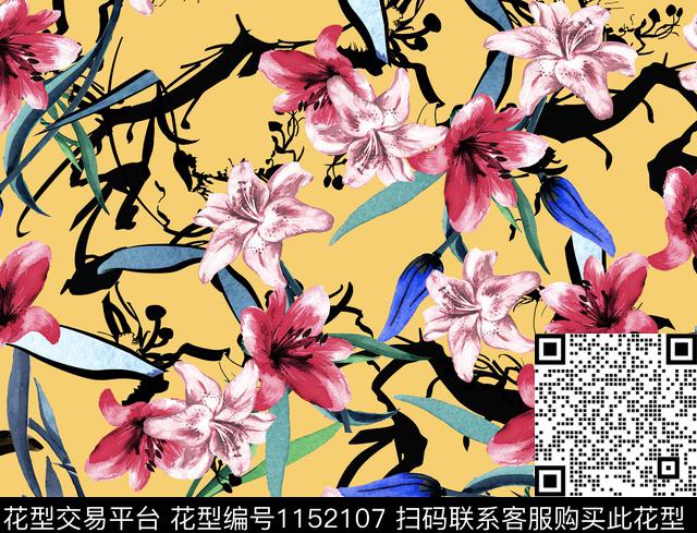 春夏华亿平台手绘玫瑰几何传统印花华亿平台下载（图片编号: 1152107） - 瓦栏（Walan）