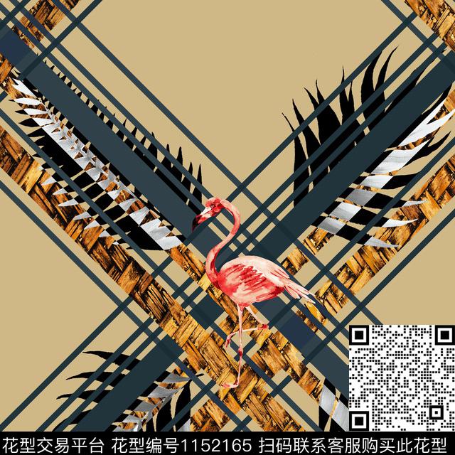 火烈鸟格子绿植树叶数码印花华亿平台下载（图片编号: 1152165） - 瓦栏（Walan）