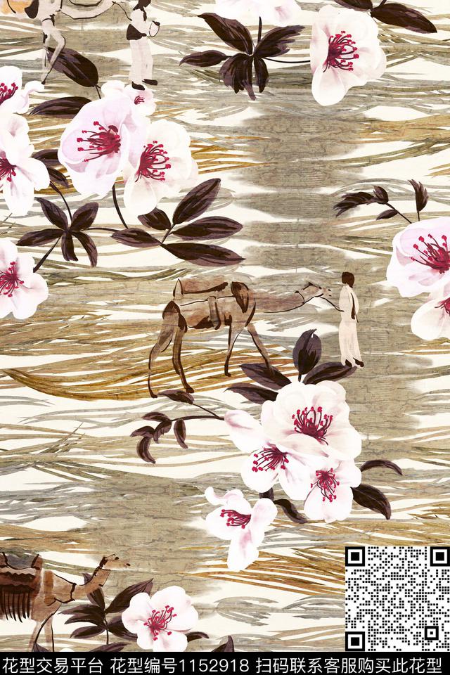 花卉中国风抽象条纹数码印花华亿平台下载（图片编号: 1152918） - 瓦栏（Walan）