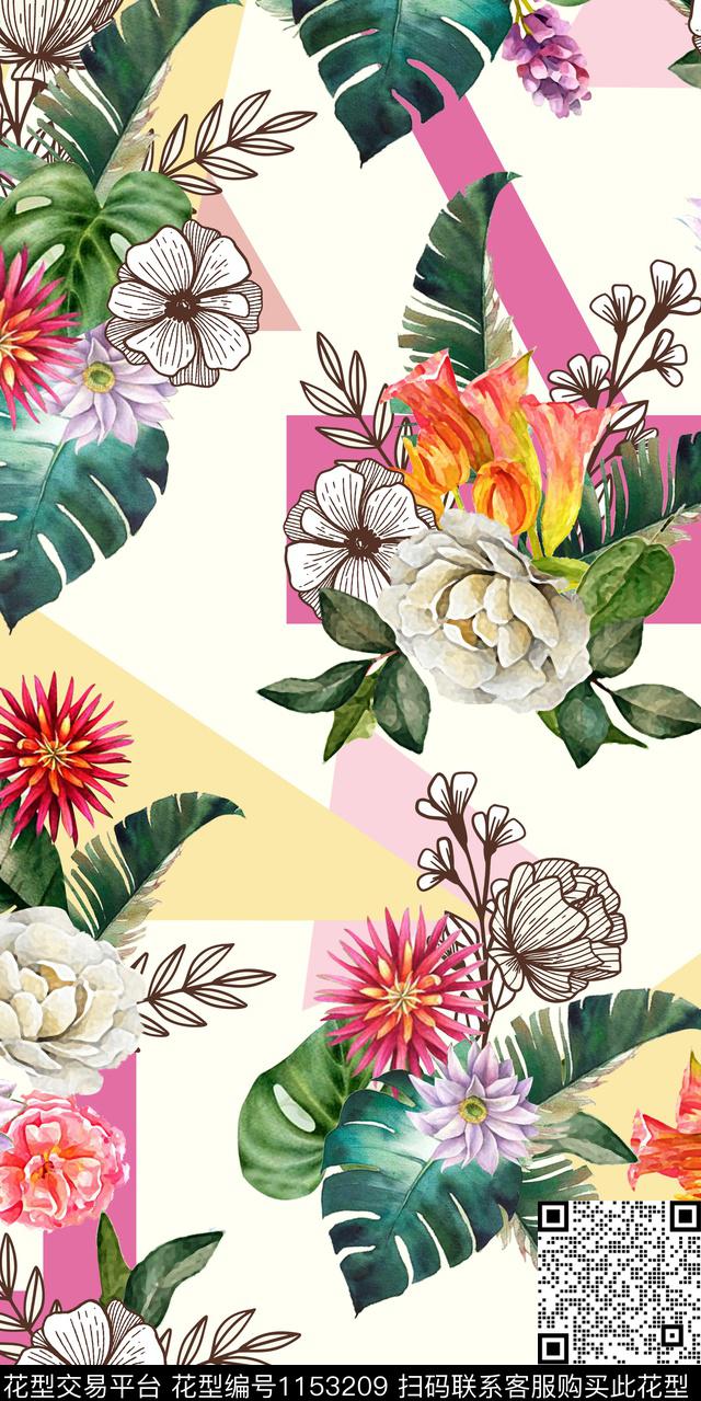 几何花卉水彩花卉数码印花华亿平台下载（图片编号: 1153209） - 瓦栏（Walan）