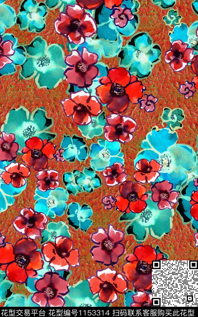 复古手绘花卉数码印花华亿平台下载（图片编号: 1153314） - 瓦栏（Walan）