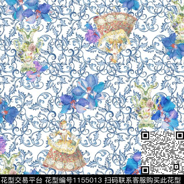 少女宫廷风卷草数码印花华亿平台下载（图片编号: 1155013） - 瓦栏（Walan）