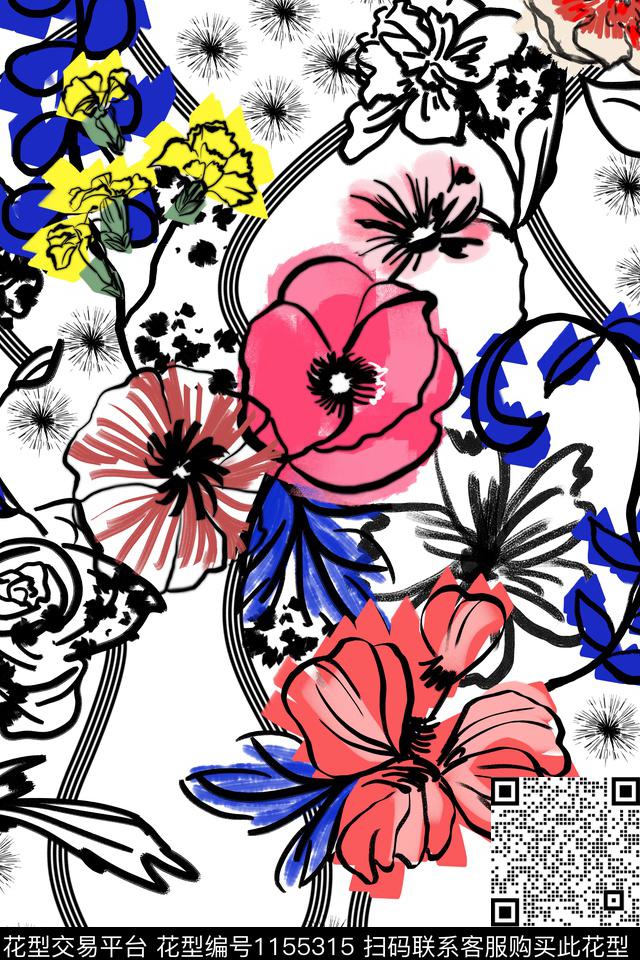 线条风格化花卉抽象花卉数码印花华亿平台下载（图片编号: 1155315） - 瓦栏（Walan）
