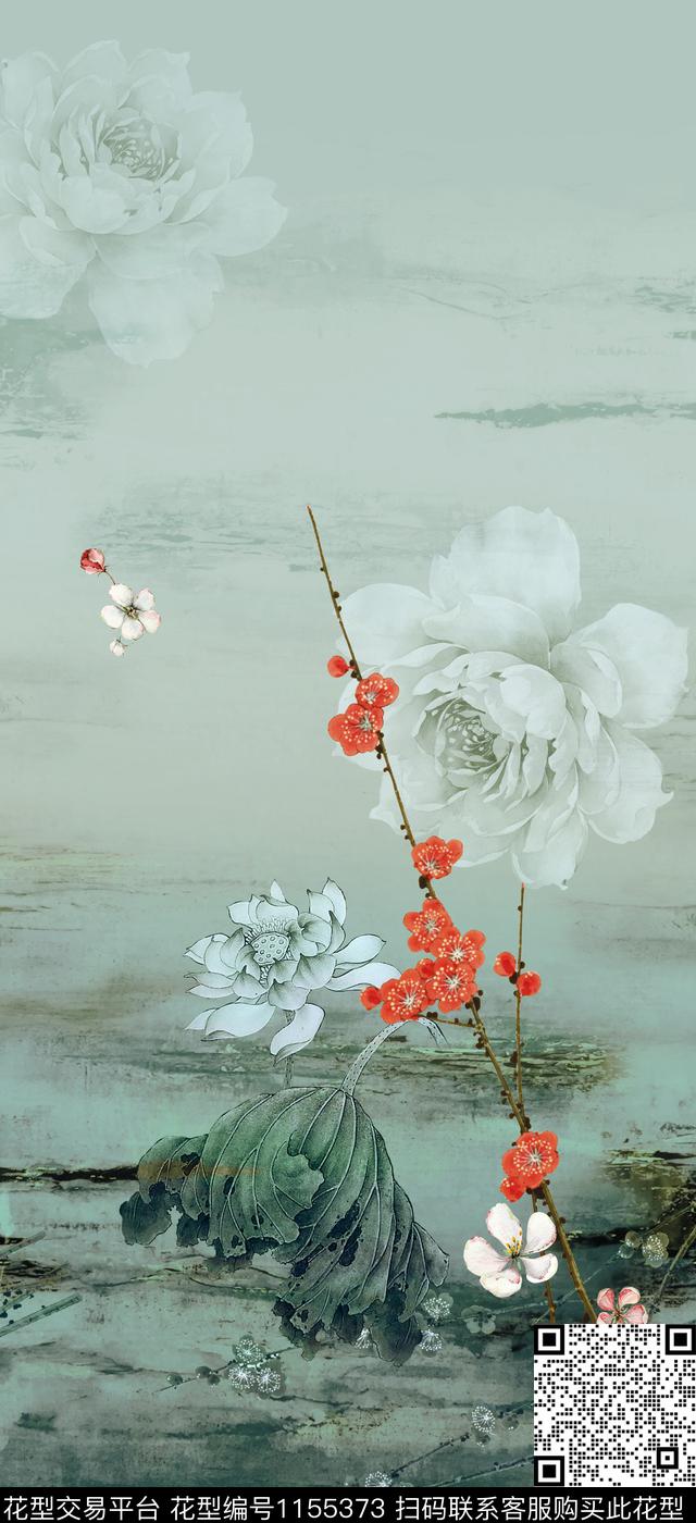 素雅荷花国画数码印花华亿平台下载（图片编号: 1155373） - 瓦栏（Walan）