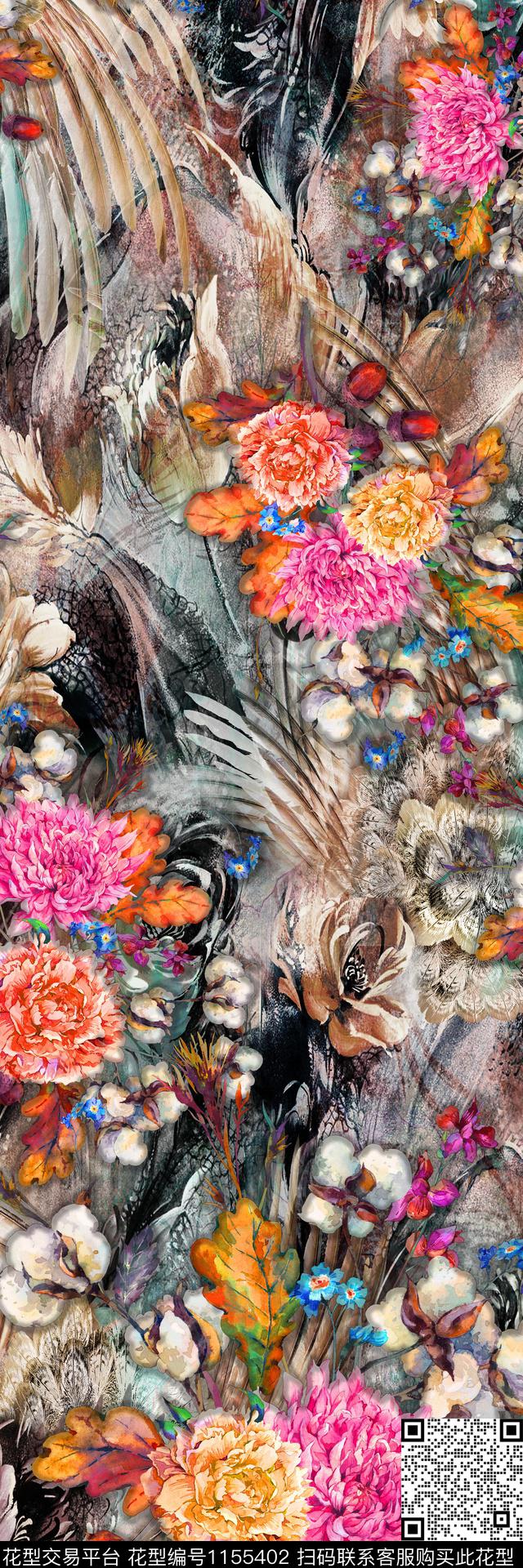 手绘抽象花卉数码印花华亿平台下载（图片编号: 1155402） - 瓦栏（Walan）