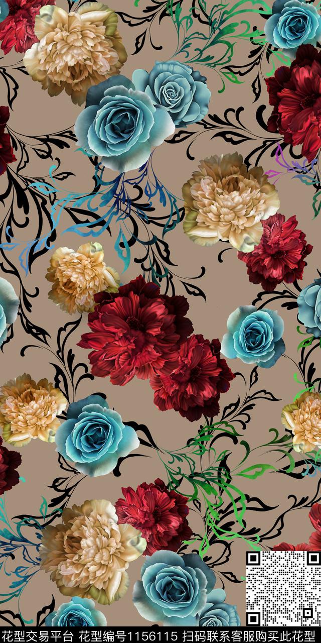 绿植树叶花卉民族风数码印花华亿平台下载（图片编号: 1156115） - 瓦栏（Walan）