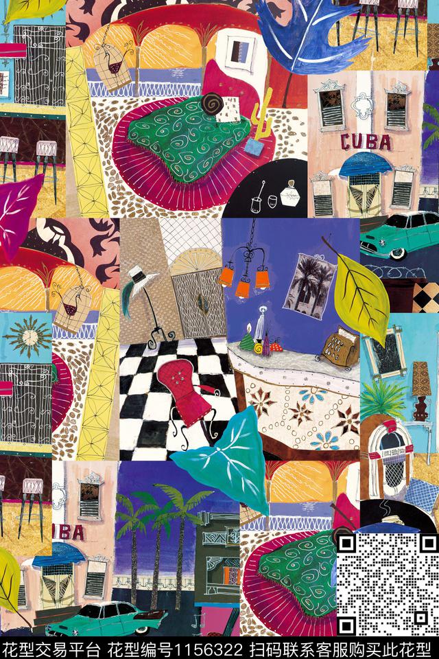 趣味几何油画华亿平台数码印花华亿平台下载（图片编号: 1156322） - 瓦栏（Walan）
