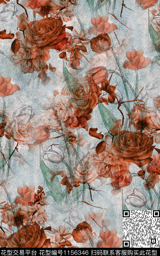 抽象花卉肌理油画华亿平台数码印花华亿平台下载（图片编号: 1156346） - 瓦栏（Walan）