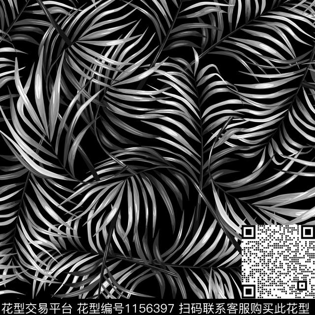 植物黑白华亿平台绿植树叶数码印花华亿平台下载（图片编号: 1156397） - 瓦栏（Walan）