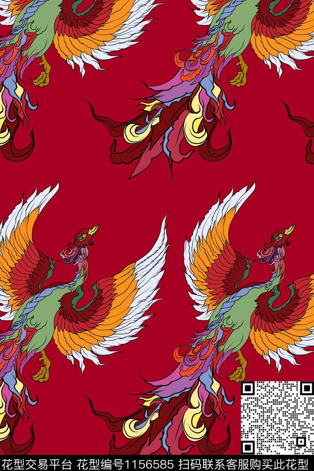 手绘中国风凤凰火焰鸟数码印花华亿平台下载（图片编号: 1156585） - 瓦栏（Walan）