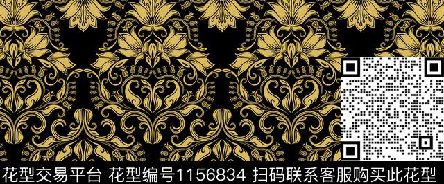 黑底花卉欧洲复古数码印花华亿平台下载（图片编号: 1156834） - 瓦栏（Walan）