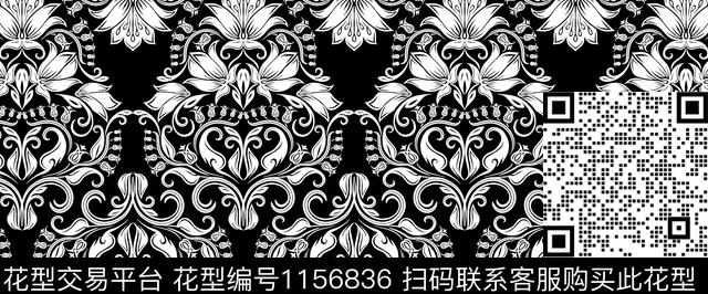 黑底花卉欧洲复古数码印花华亿平台下载（图片编号: 1156836） - 瓦栏（Walan）