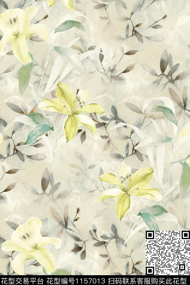水彩花卉绿植树叶数码印花华亿平台下载（图片编号: 1157013） - 瓦栏（Walan）