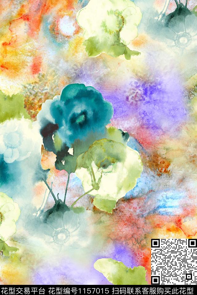 抽象水彩花卉数码印花华亿平台下载（图片编号: 1157015） - 瓦栏（Walan）