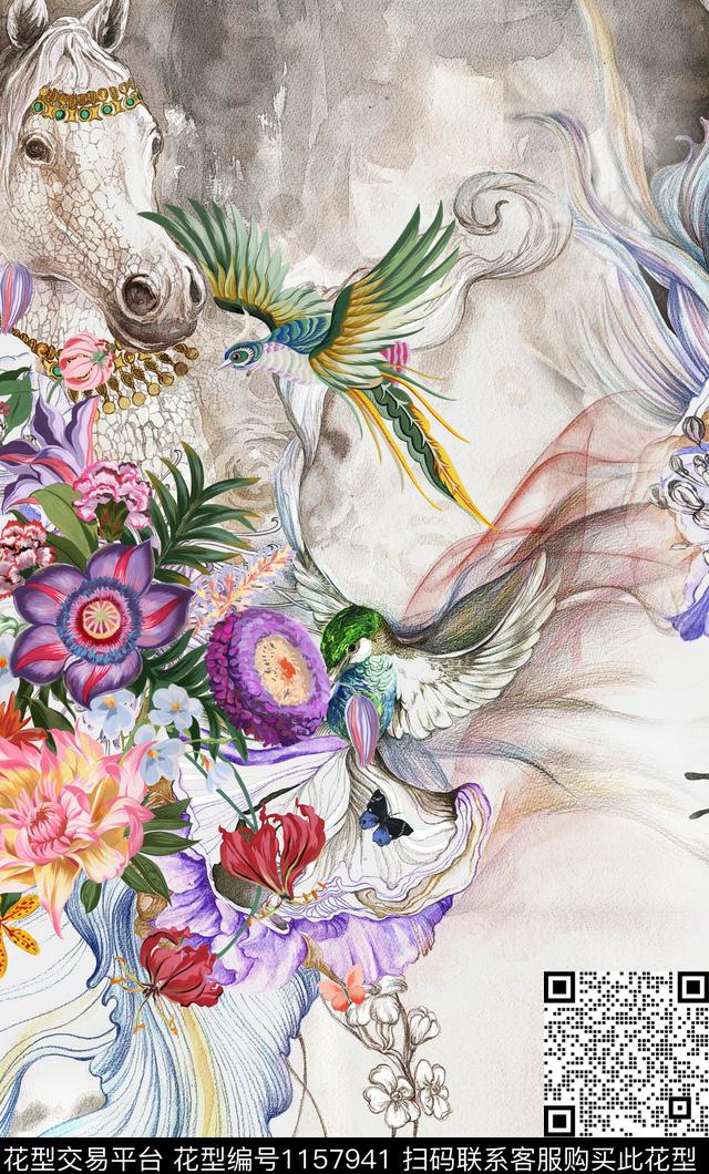 花鸟马手绘花卉数码印花华亿平台下载（图片编号: 1157941） - 瓦栏（Walan）