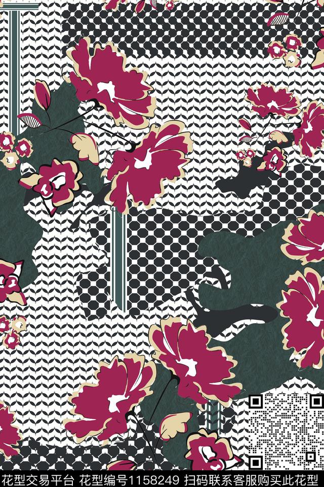 抽象花卉几何花卉传统印花华亿平台下载（图片编号: 1158249） - 瓦栏（Walan）