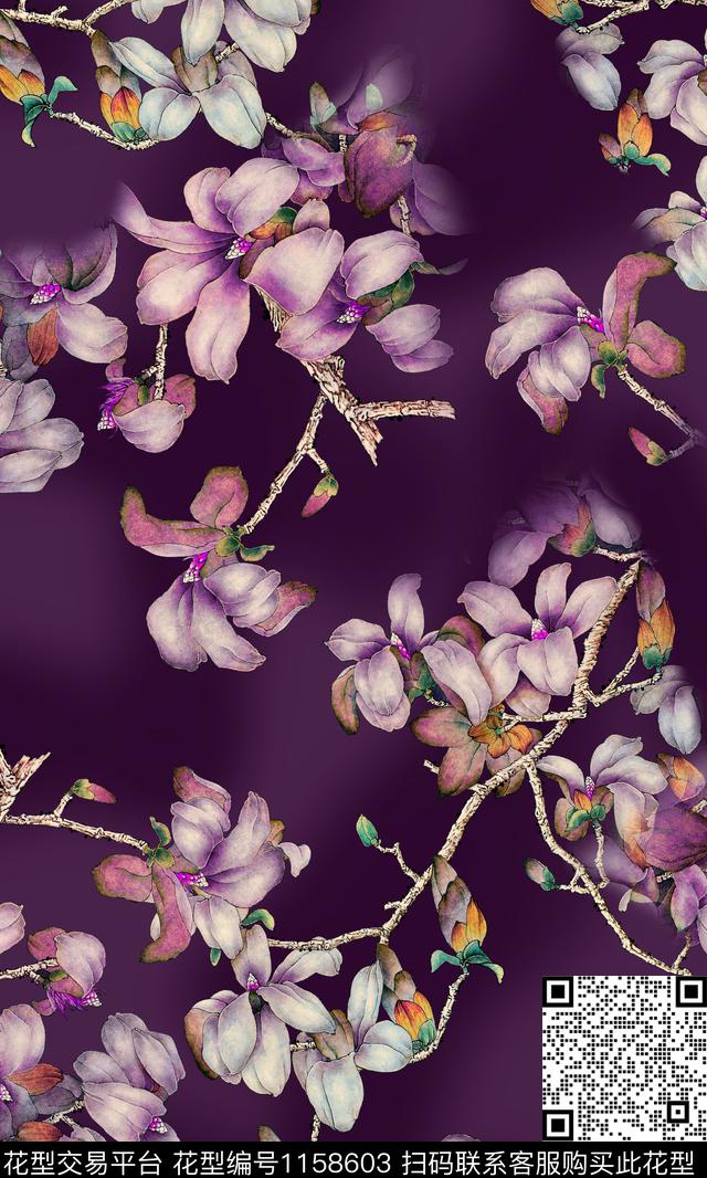 香云纱玉兰花花卉数码印花华亿平台下载（图片编号: 1158603） - 瓦栏（Walan）
