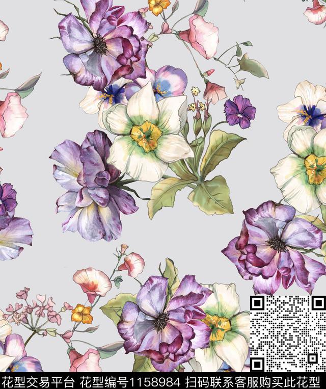 清爽底花卉春夏华亿平台手绘花卉数码印花华亿平台下载（图片编号: 1158984） - 瓦栏（Walan）