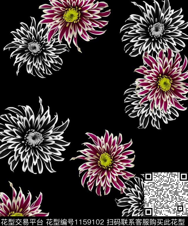 菊花创意黑白华亿平台数码印花华亿平台下载（图片编号: 1159102） - 瓦栏（Walan）