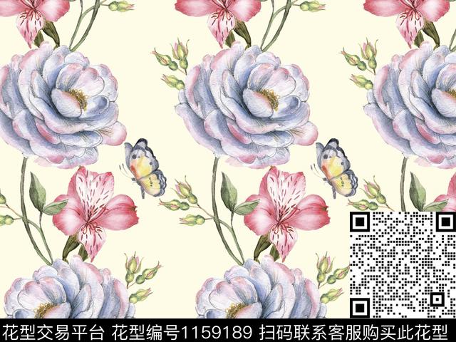 数码华亿平台手绘花卉花卉蝴蝶数码印花华亿平台下载（图片编号: 1159189） - 瓦栏（Walan）
