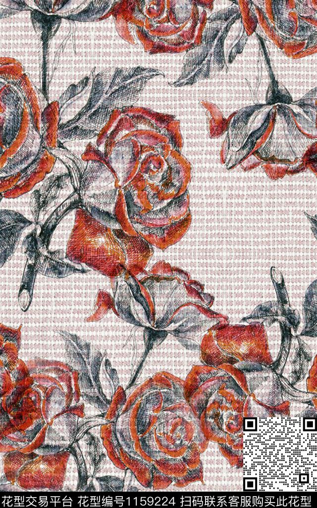 肌理格子花卉数码印花华亿平台下载（图片编号: 1159224） - 瓦栏（Walan）
