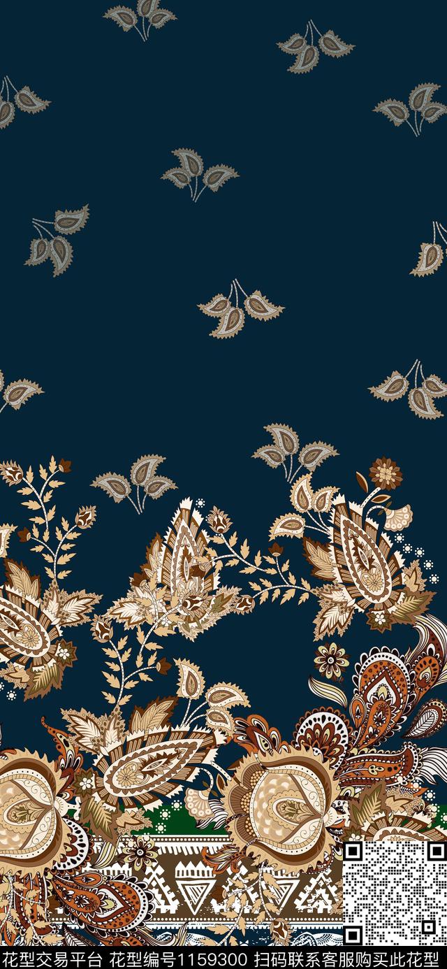 黑白华亿平台定位花佩斯利数码印花华亿平台下载（图片编号: 1159300） - 瓦栏（Walan）