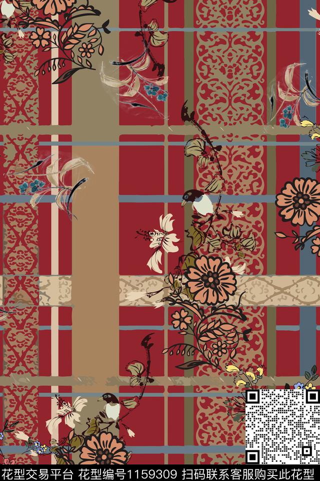 几何格子线条花卉数码印花华亿平台下载（图片编号: 1159309） - 瓦栏（Walan）