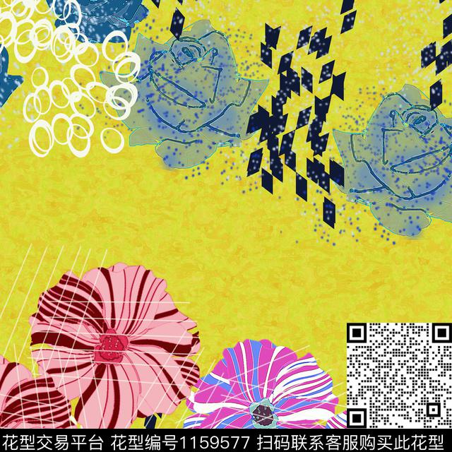 几何炫彩花卉数码印花华亿平台下载（图片编号: 1159577） - 瓦栏（Walan）