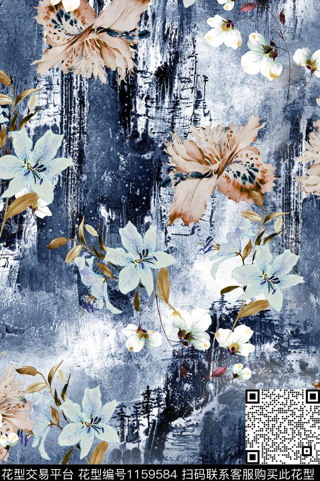 肌理水彩花卉抽象数码印花华亿平台下载（图片编号: 1159584） - 瓦栏（Walan）