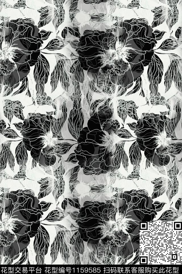 抽象花卉抽象线条组合数码印花华亿平台下载（图片编号: 1159585） - 瓦栏（Walan）