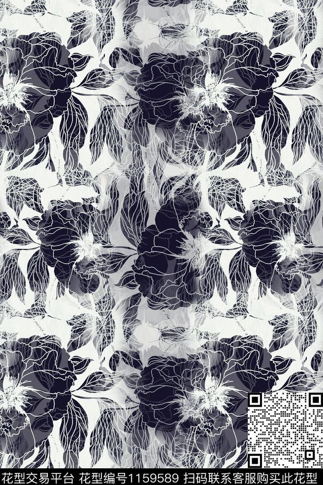 抽象花卉抽象线条组合数码印花华亿平台下载（图片编号: 1159589） - 瓦栏（Walan）