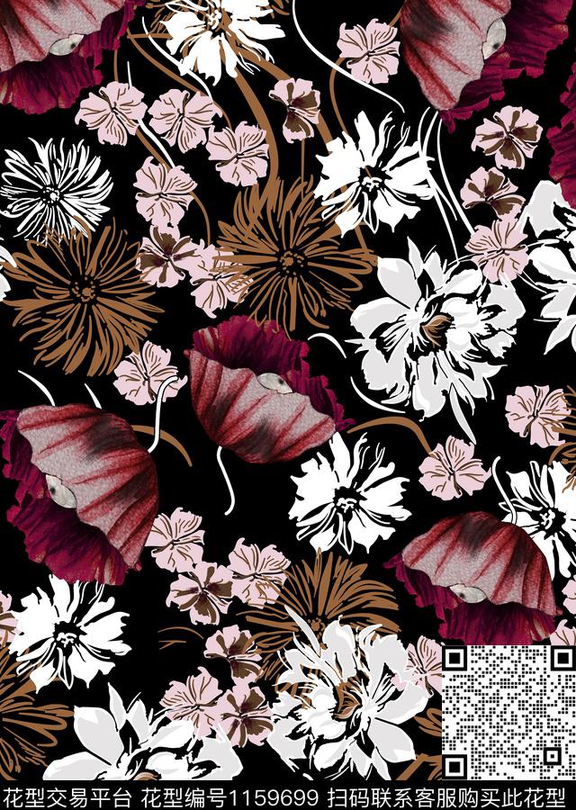 手绘玫瑰大花水彩花卉传统印花华亿平台下载（图片编号: 1159699） - 瓦栏（Walan）