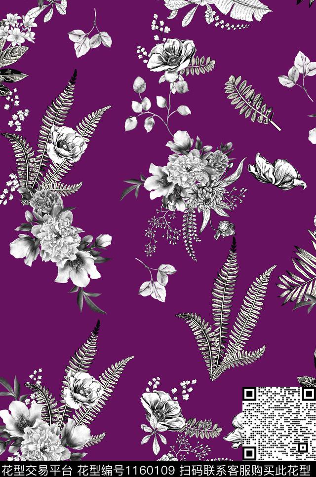 绿植树叶单色手绘花卉传统印花华亿平台下载（图片编号: 1160109） - 瓦栏（Walan）