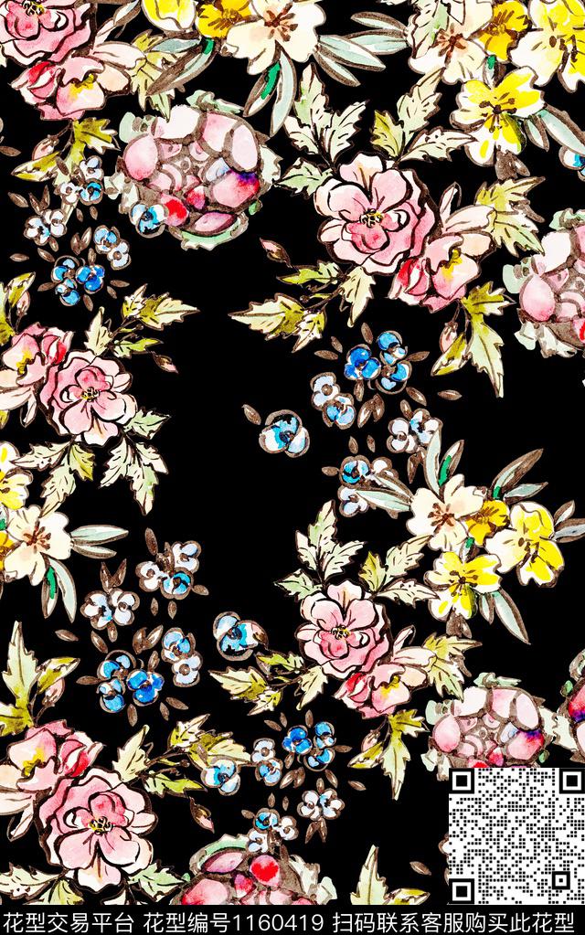 黑底花卉小碎花花卉数码印花华亿平台下载（图片编号: 1160419） - 瓦栏（Walan）