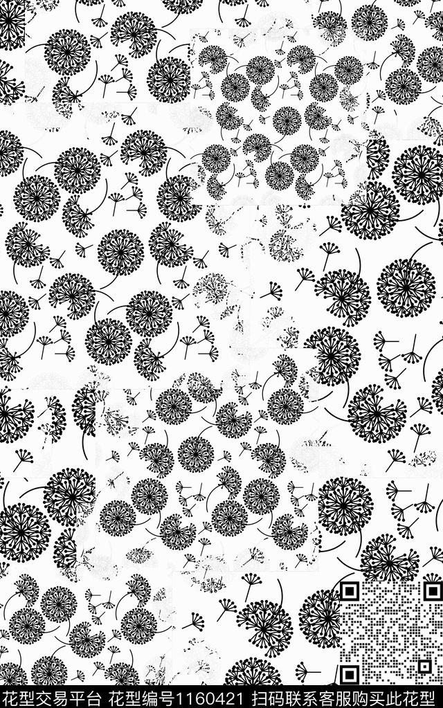 小碎花花卉黑白华亿平台数码印花华亿平台下载（图片编号: 1160421） - 瓦栏（Walan）