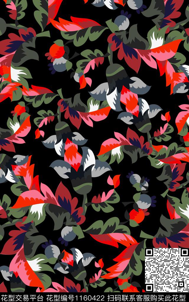 几何花卉黑底花卉小碎花数码印花华亿平台下载（图片编号: 1160422） - 瓦栏（Walan）
